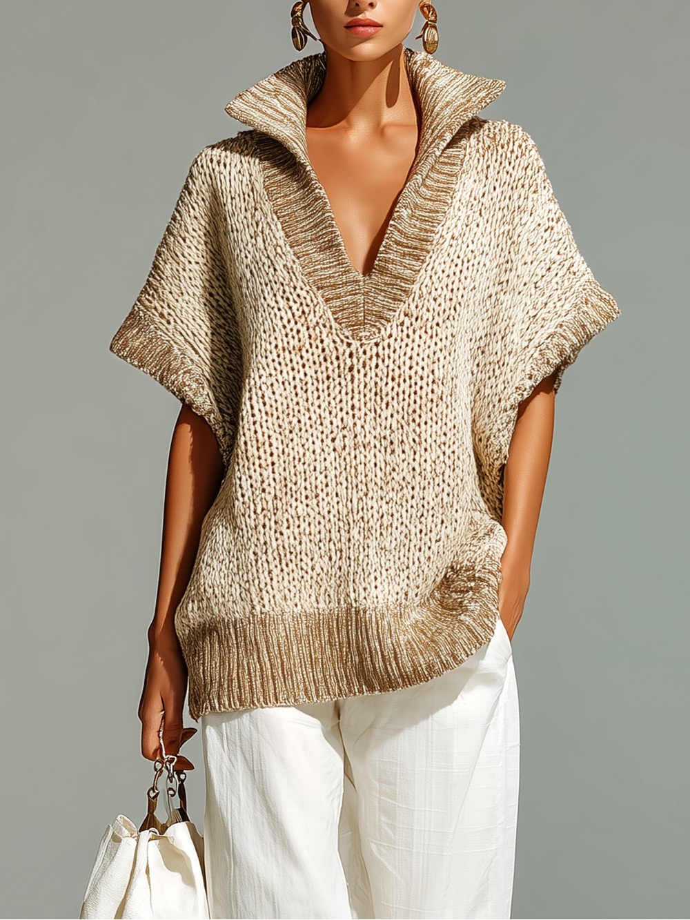 ElevenOra Fashion Casual Beige Stand-Collar Colorblock Loose Sleeveless M New
